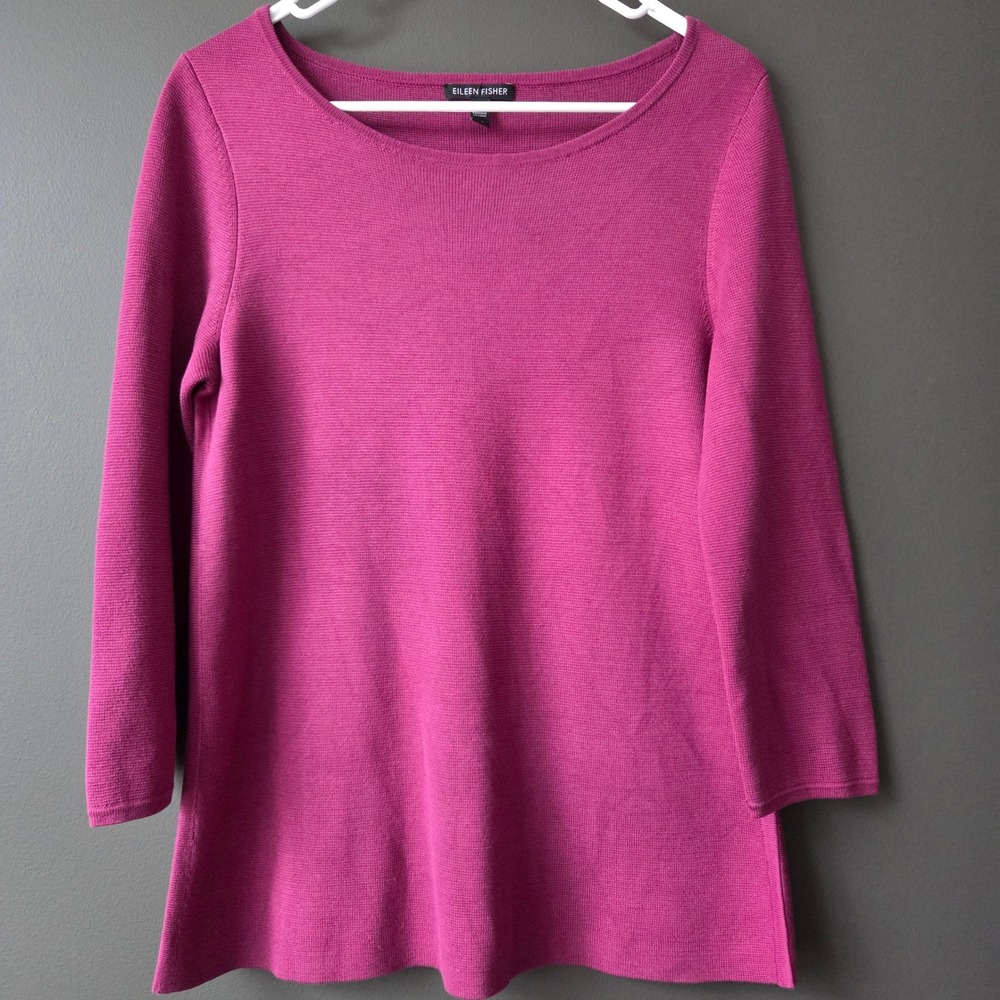 EILEEN FISHER Wine Berry Textured Knit 3/4 Sleeve Sweater Top Small Silk Cotton‎